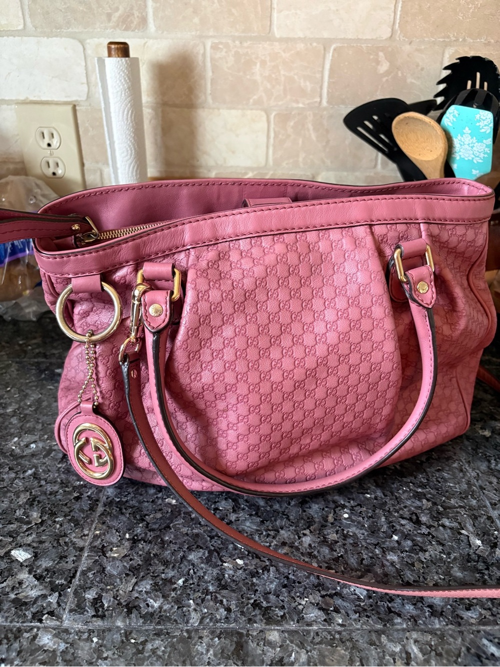 Gucci Pink Monogram Shoulder Tote with Gold Hardware